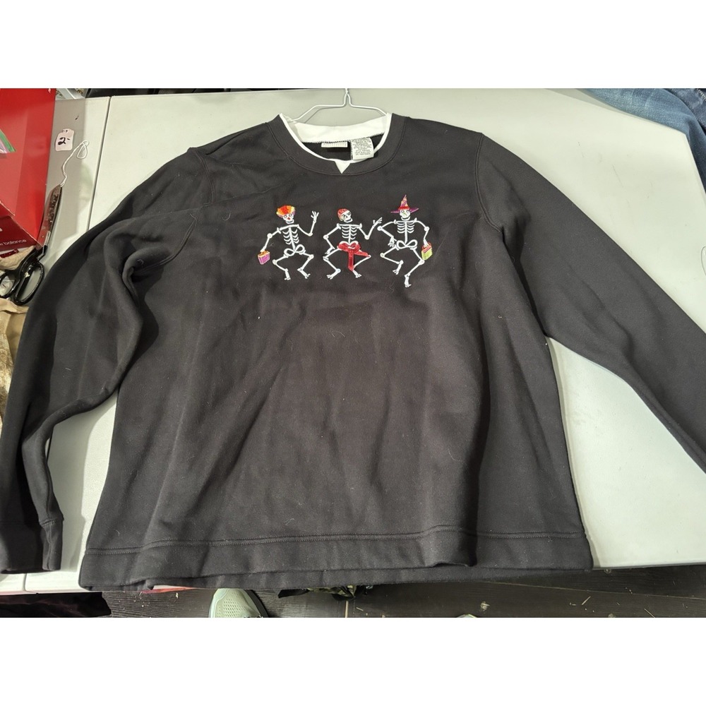 Vintage '96 White Stag Halloween Womens XL Pullover Sweatshirt Skeletons Black